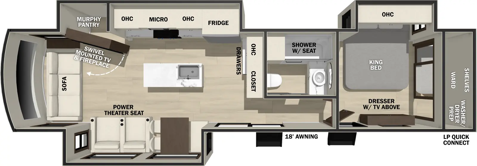 The Cedar Creek Cottage 40CRS floorplan has two entries and three slide outs. Exterior features include: fiberglass exterior and 18' awning. Interiors features include: kitchen island, free-standing dinette option, front bedroom and rear living.